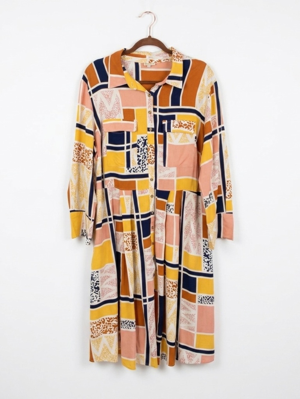 The Odells Anthropologie Abstract Geometric Block Print Midi Shirtdress 1X Boho